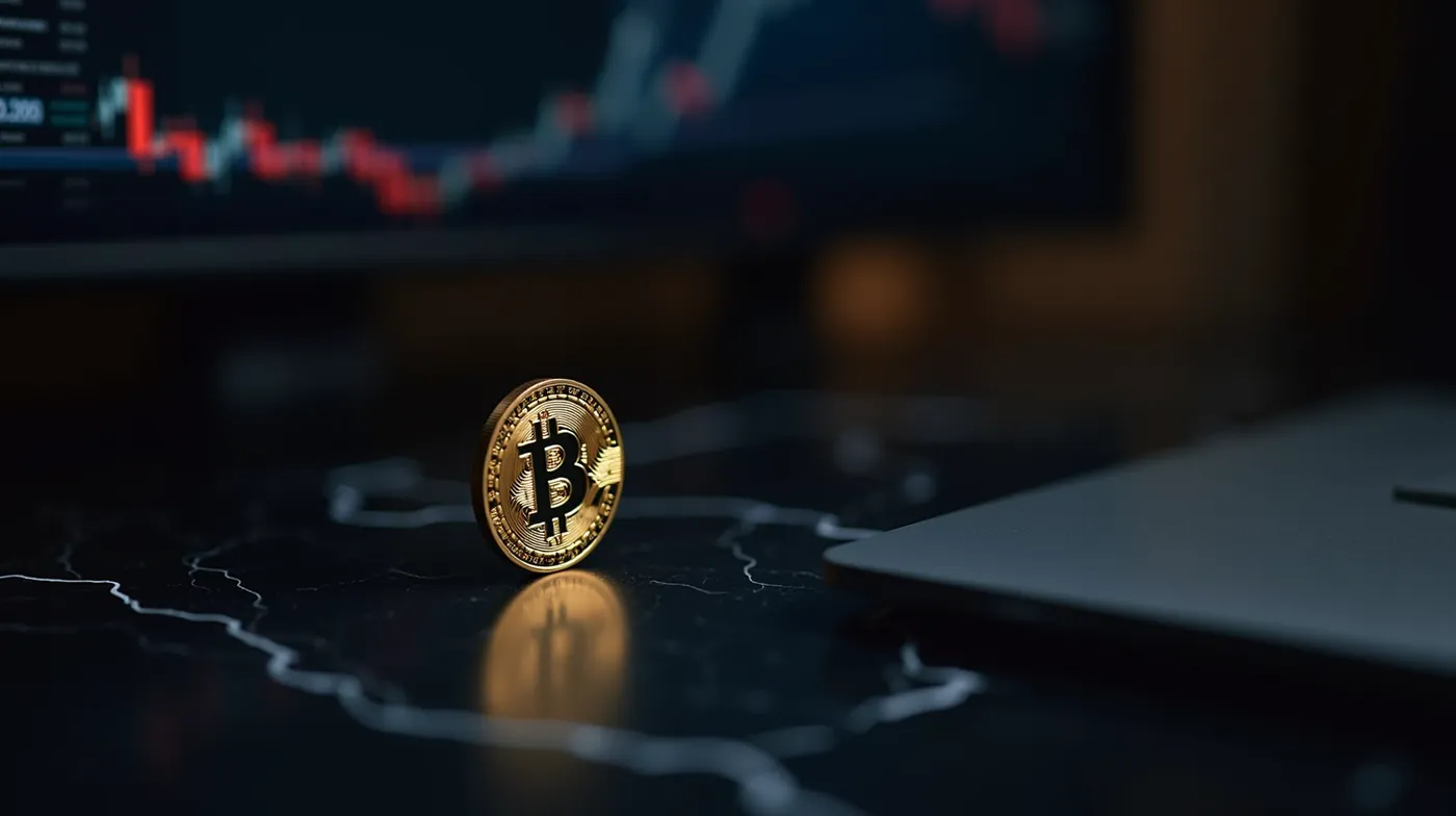 A single physical gold bitcoin coin resting on a dark marble desk beside a sleek financial chart screen glowing softly, 