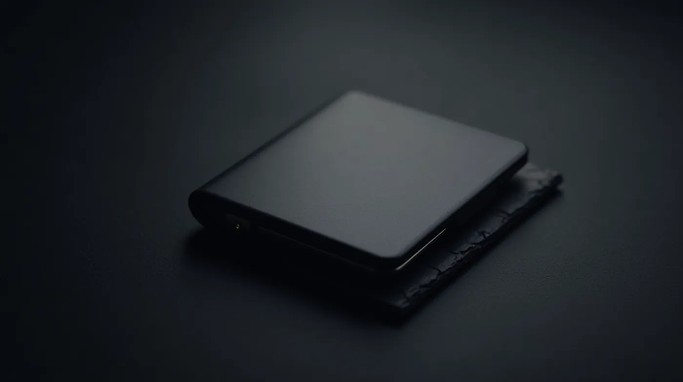 professional editorial photograph of a sleek hardware crypto wallet device lying on a dark slate surface, soft studio li