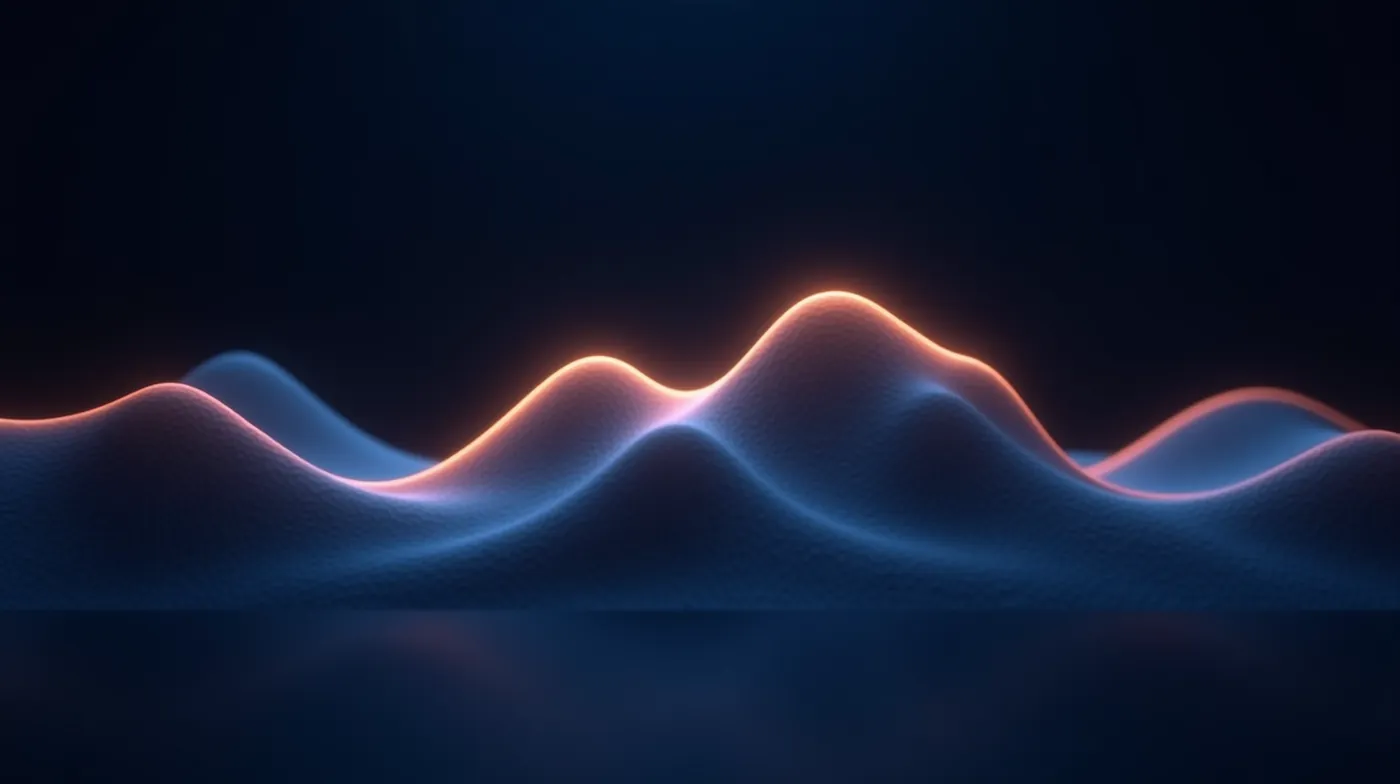 professional editorial macro photograph, abstract: one smooth glowing three-dimensional wave ribbon rising in five ascen