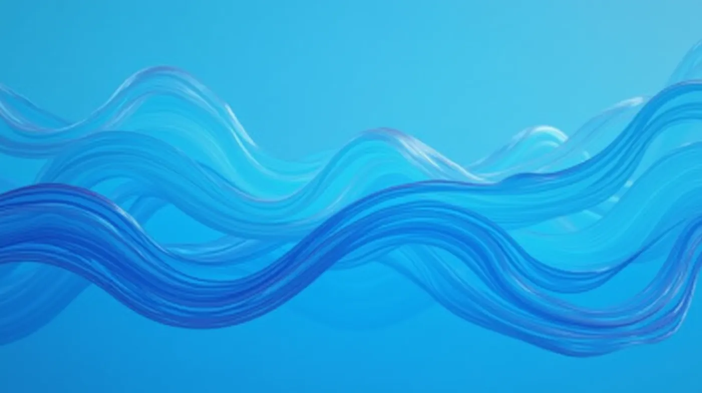 Abstract editorial 3D render of a smooth glassy financial liquidity wave: flowing translucent blue liquid surfaces and s