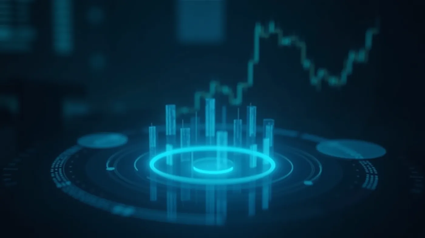 Professional editorial macro photograph of a glowing holographic cryptocurrency trading interface floating above a dark 