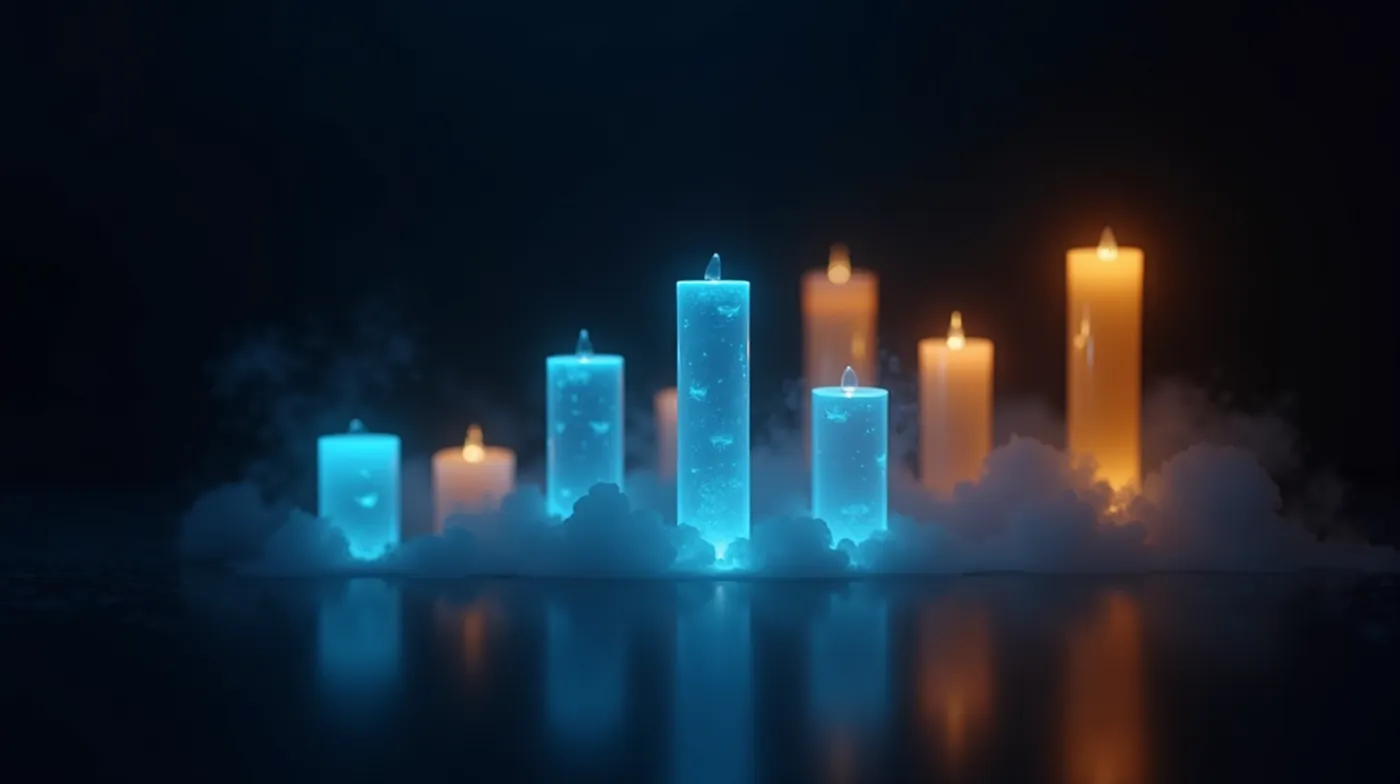 How to Trade Crypto Futures 2026: Perps, Leverage & Risk 1 Abstract editorial photograph of luminous translucent glass candlestick price-chart towers in glowing blue and amber ris
