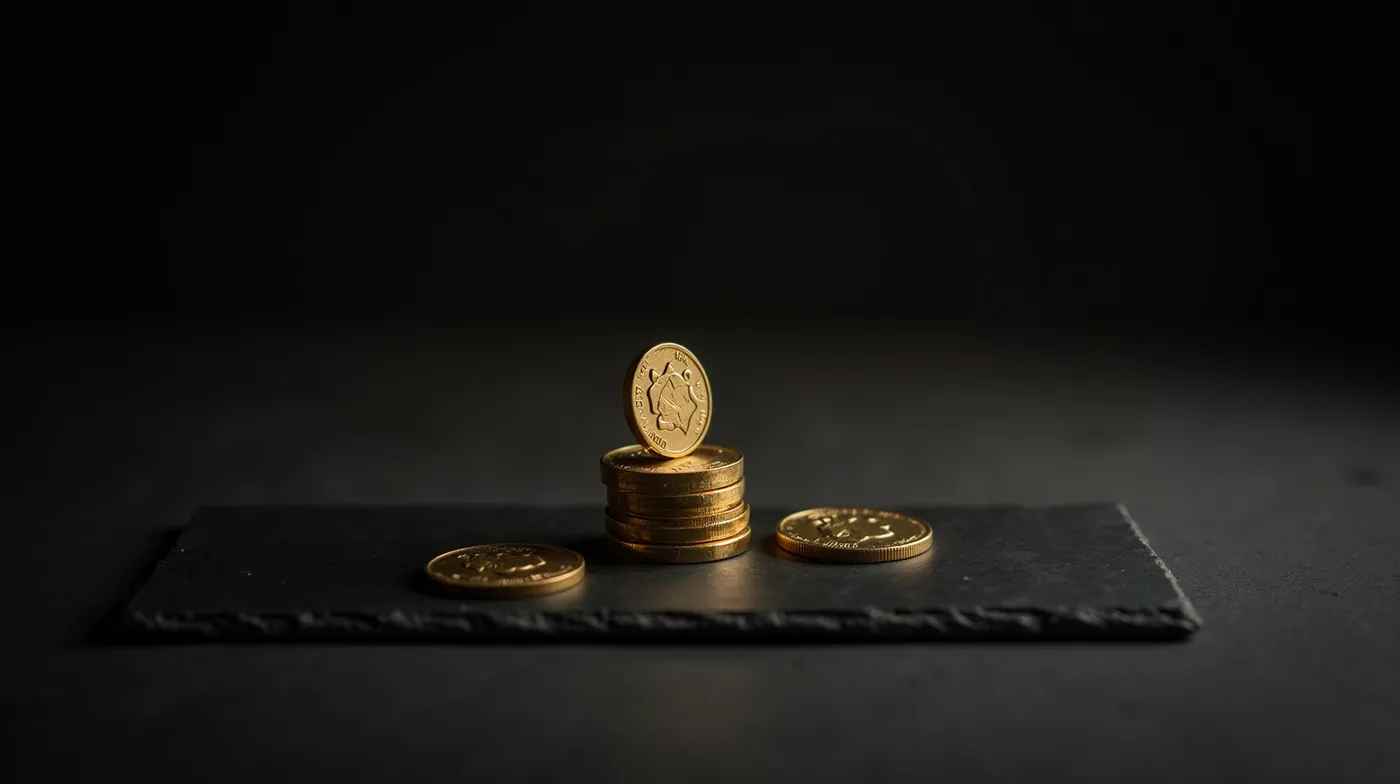 Memecoins in 2026: Risk Framework, Buying & Exit Guide 1 Professional editorial photograph of a small stack of polished gold coins on a dark slate surface, with a single coin on