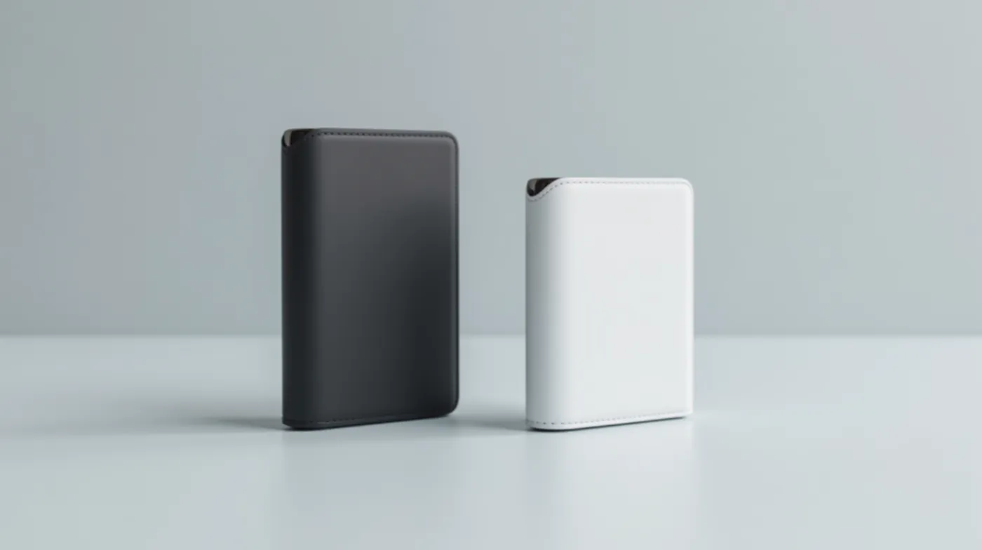 Trezor vs Ledger 2026: Which Hardware Wallet Is Better? 1 Professional editorial product photograph of two premium hardware cryptocurrency wallets side by side, one sleek matte b