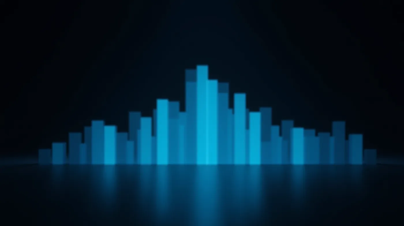 Large-scale abstract macro photograph of a single glowing three-dimensional volume histogram: tall vertical bars in grad