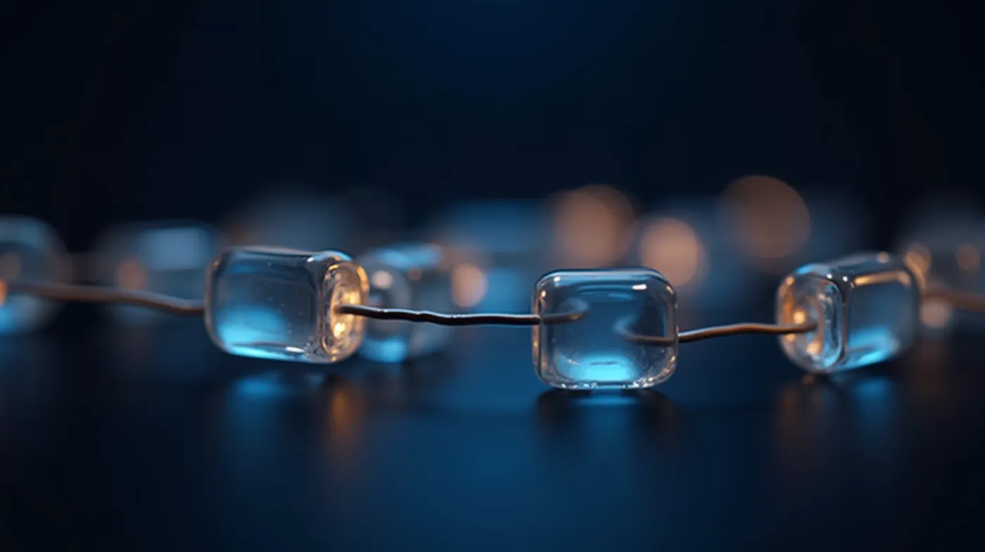 Professional editorial photograph of a blockchain: a chain of interconnected translucent glass cubes glowing with soft b