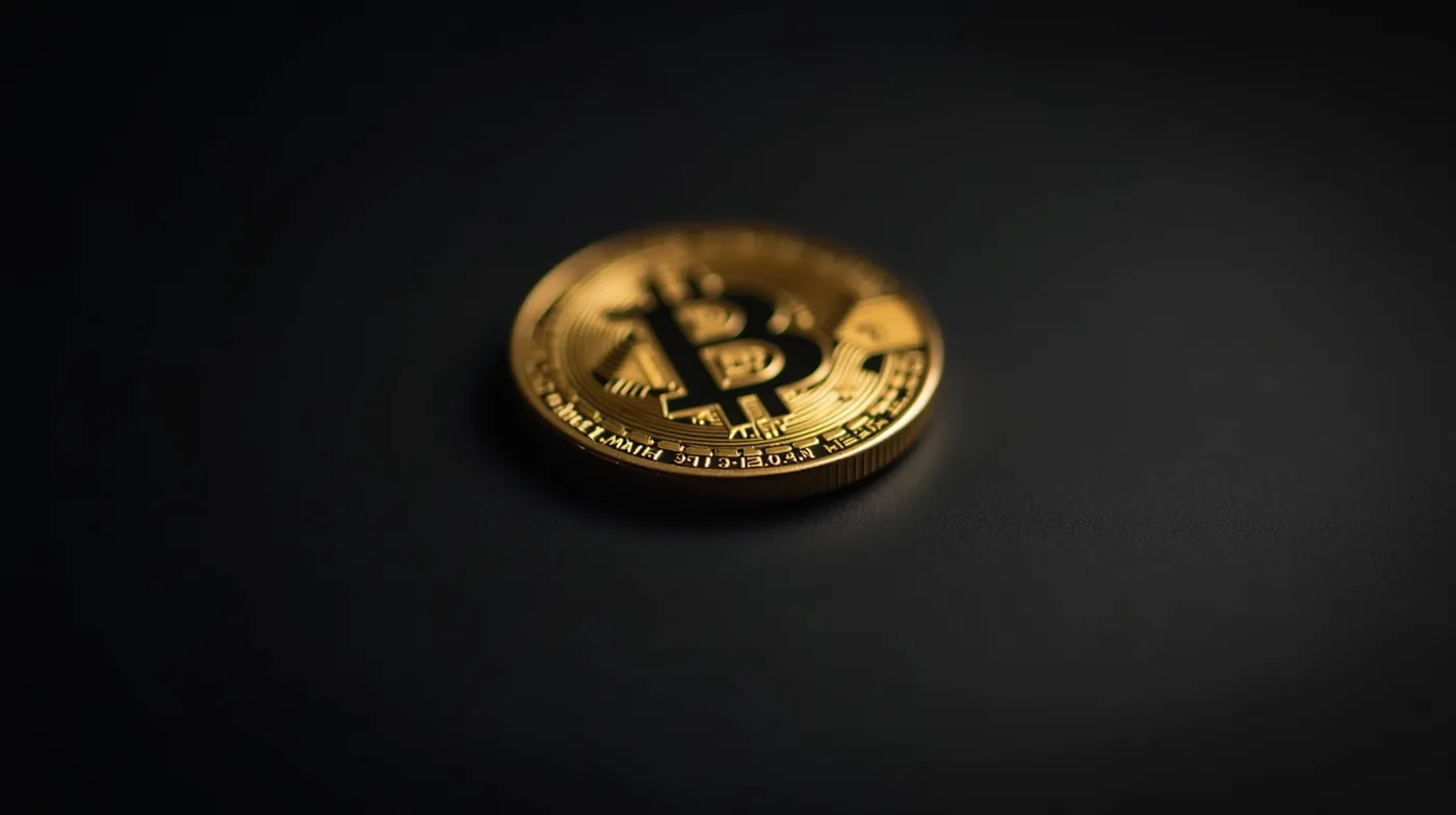 A professional editorial macro photograph of a single physical gold Bitcoin coin resting on a dark matte surface, dramat