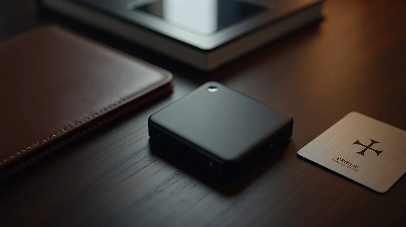Crypto Inheritance 2026: What Happens When You Die 1 Professional editorial photograph of a matte black hardware cryptocurrency wallet device resting on a polished dark wood