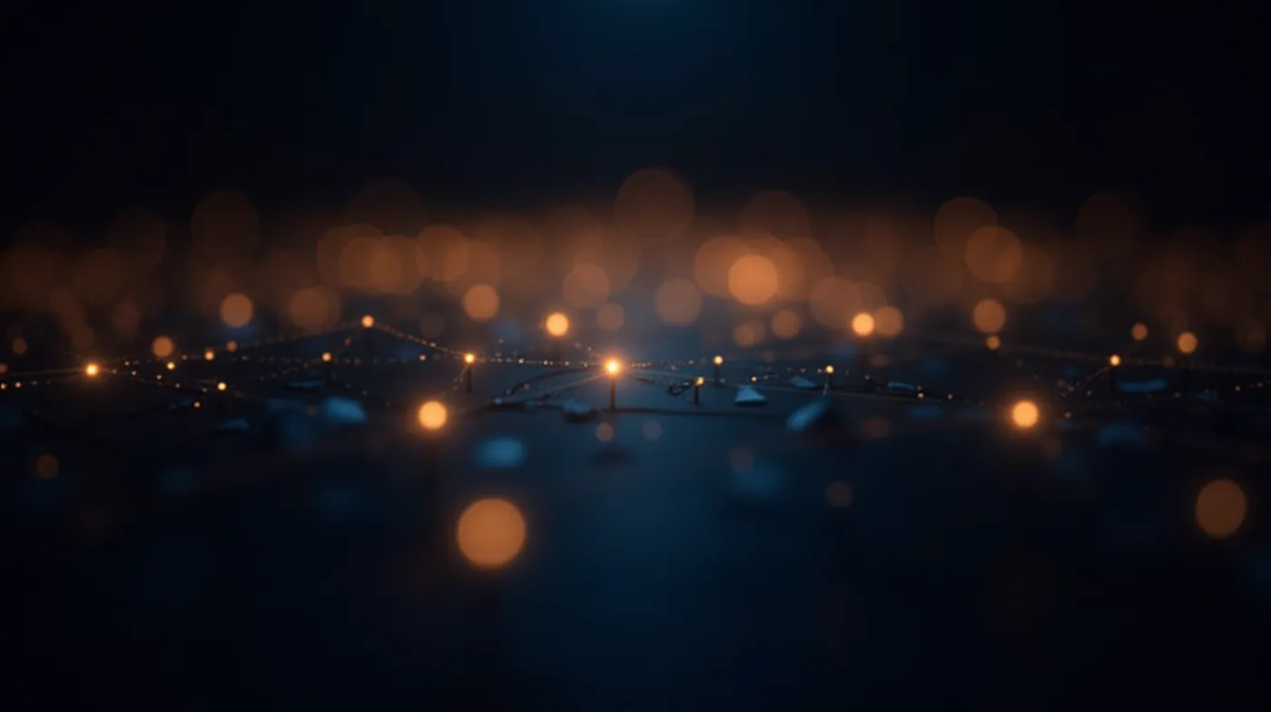What Is DeFi in 2026: Simple Guide to Decentralized Finance 1 Professional editorial photograph of an abstract glowing blockchain network: interconnected luminous gold and deep-blue