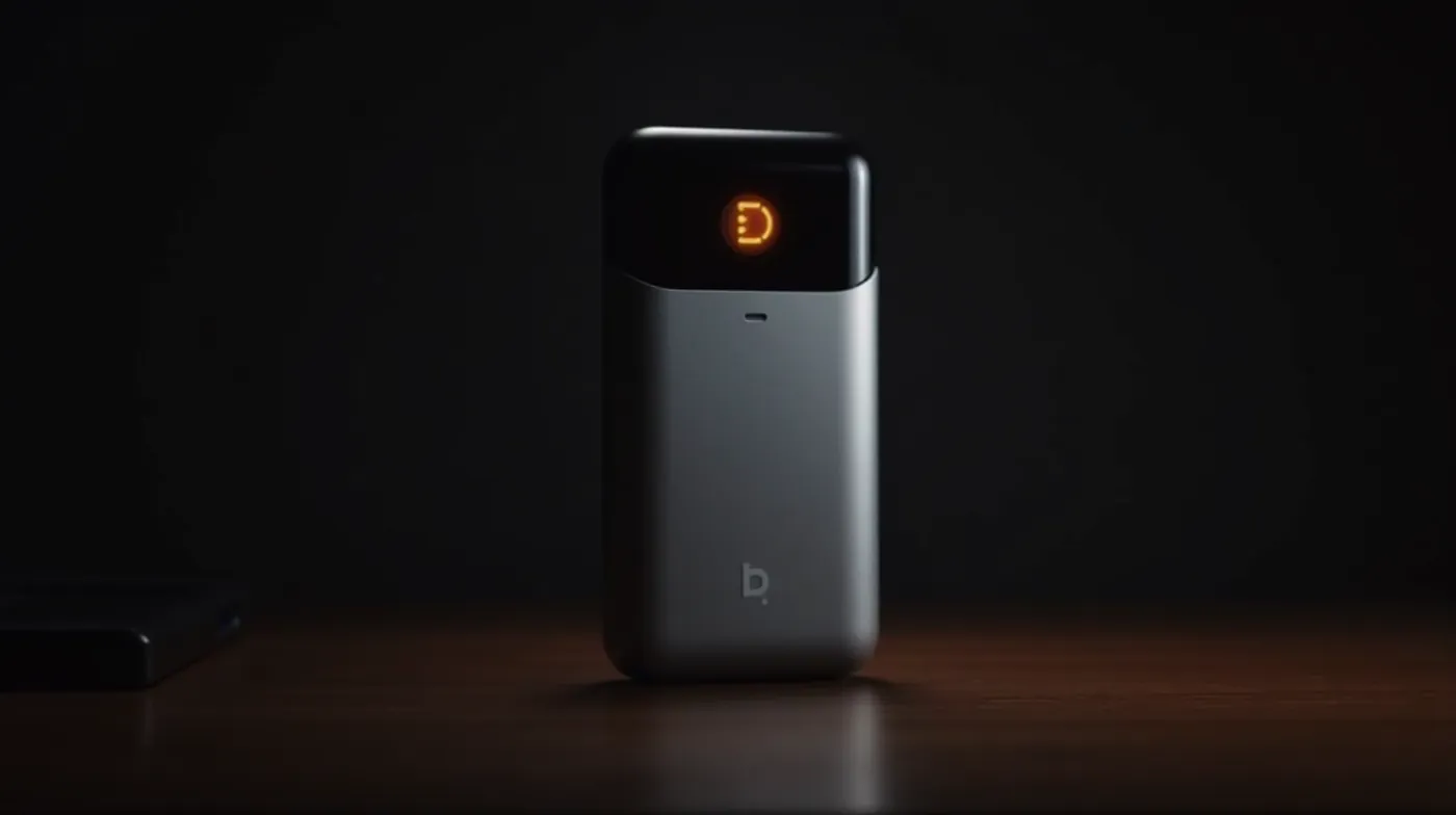 professional editorial photograph of a silver hardware cryptocurrency wallet device with a small glowing display, standi