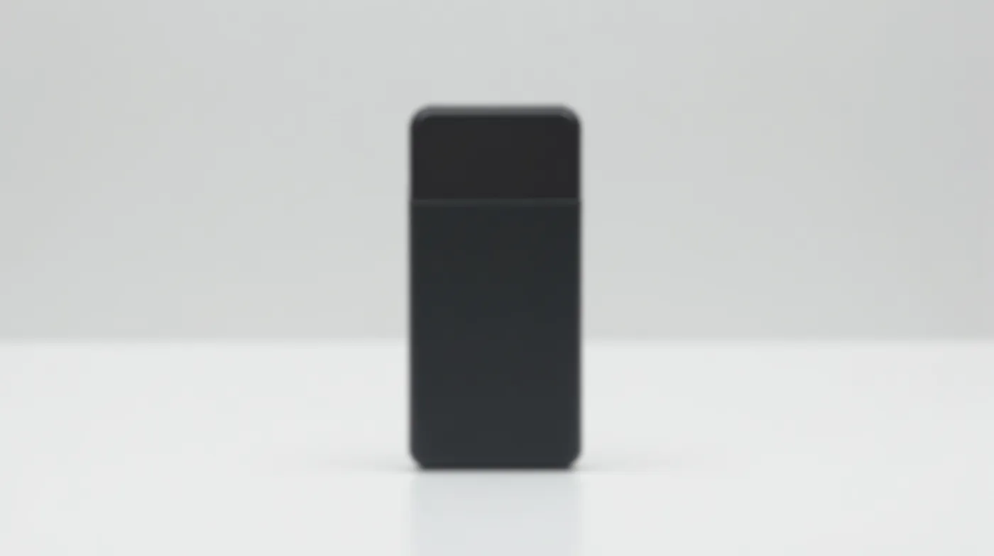 Professional editorial studio photograph of a single matte black offline cryptocurrency hardware wallet device standing 