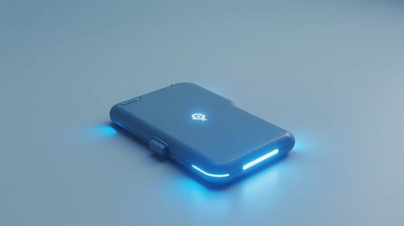A sleek modern hardware cryptocurrency wallet device with a glowing display, resting on a clean light-grey studio surfac