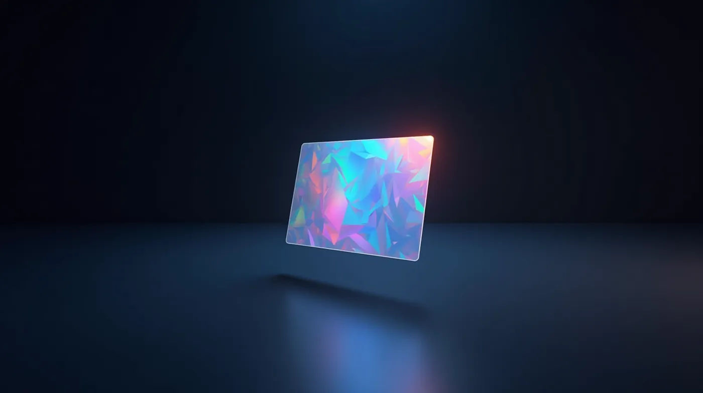 NFTs in 2026: What They Are, How to Buy, Best Marketplaces 1 A single iridescent holographic digital art collectible card floating upright above a clean dark studio surface, abstrac