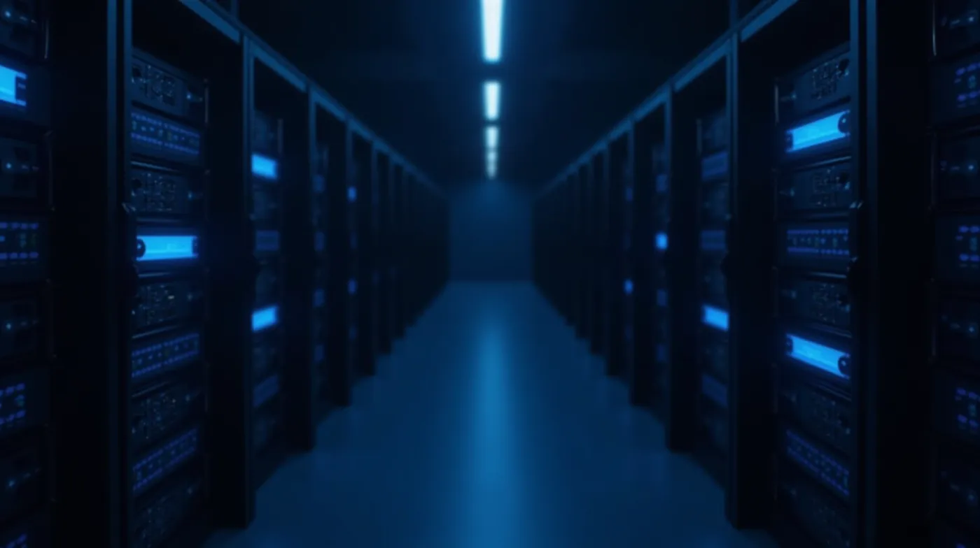 Proof of Work vs Proof of Stake 2026: Which Is Better? 1 A professional editorial photograph of a modern blockchain data center, rows of server racks with soft blue status light
