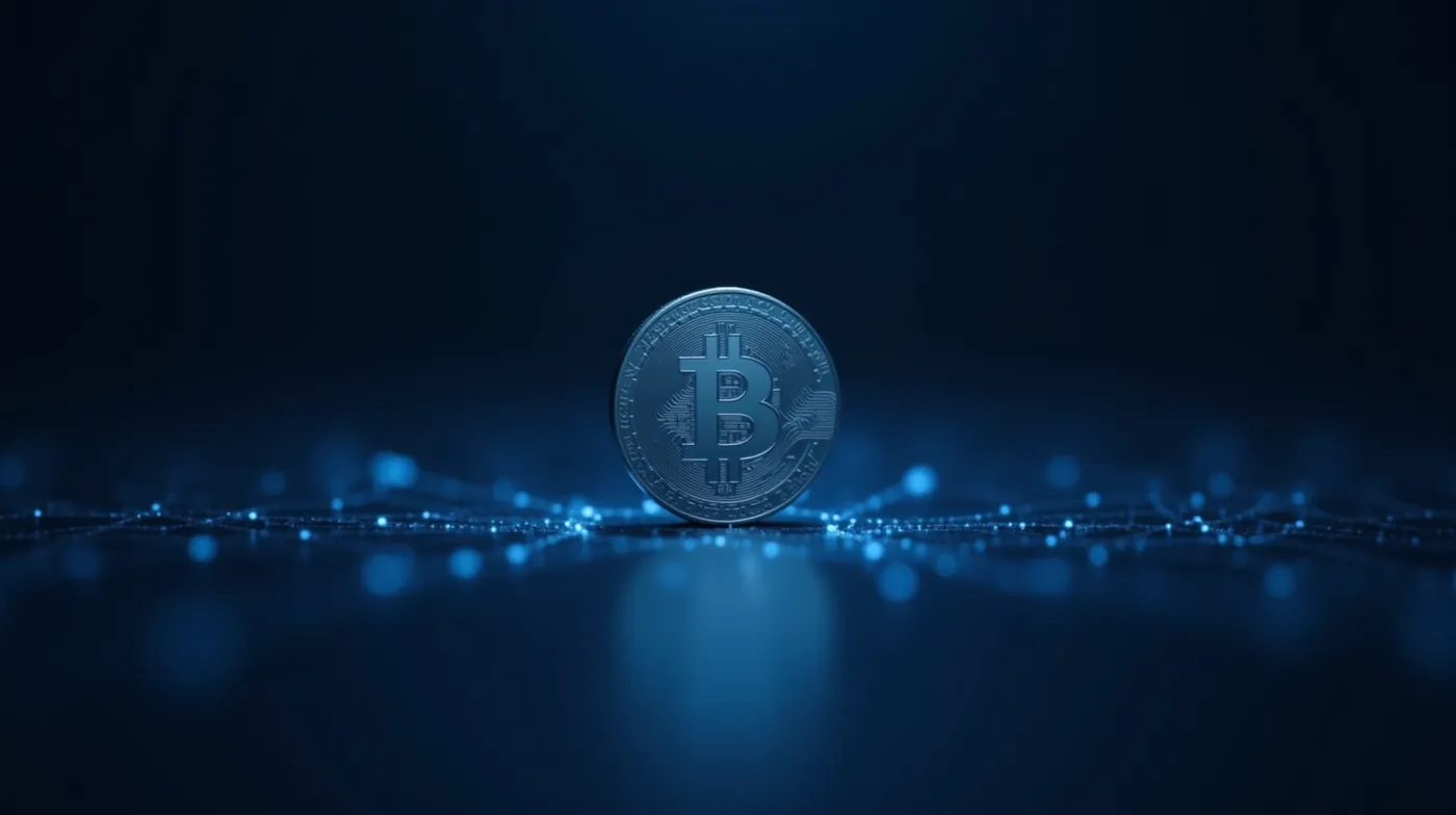 Stablecoins in 2026: What They Are, Best Options, and Risks 1 Professional editorial still-life photograph of a single smooth brushed-silver metallic coin standing upright on a dark