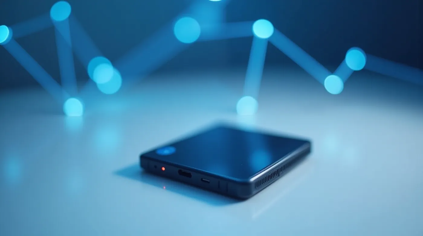 How to Send Crypto in 2026: Step-by-Step Guide, Fees and Mistakes 1 professional editorial photograph of a sleek hardware crypto wallet device on a clean white desk, glowing blue network l