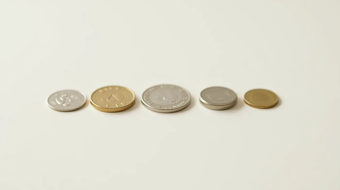 Crypto Index Funds 2026: Guide, Top Picks & Risks 1 professional editorial product photograph of a neat row of five different physical metal coins of varying sizes and fini