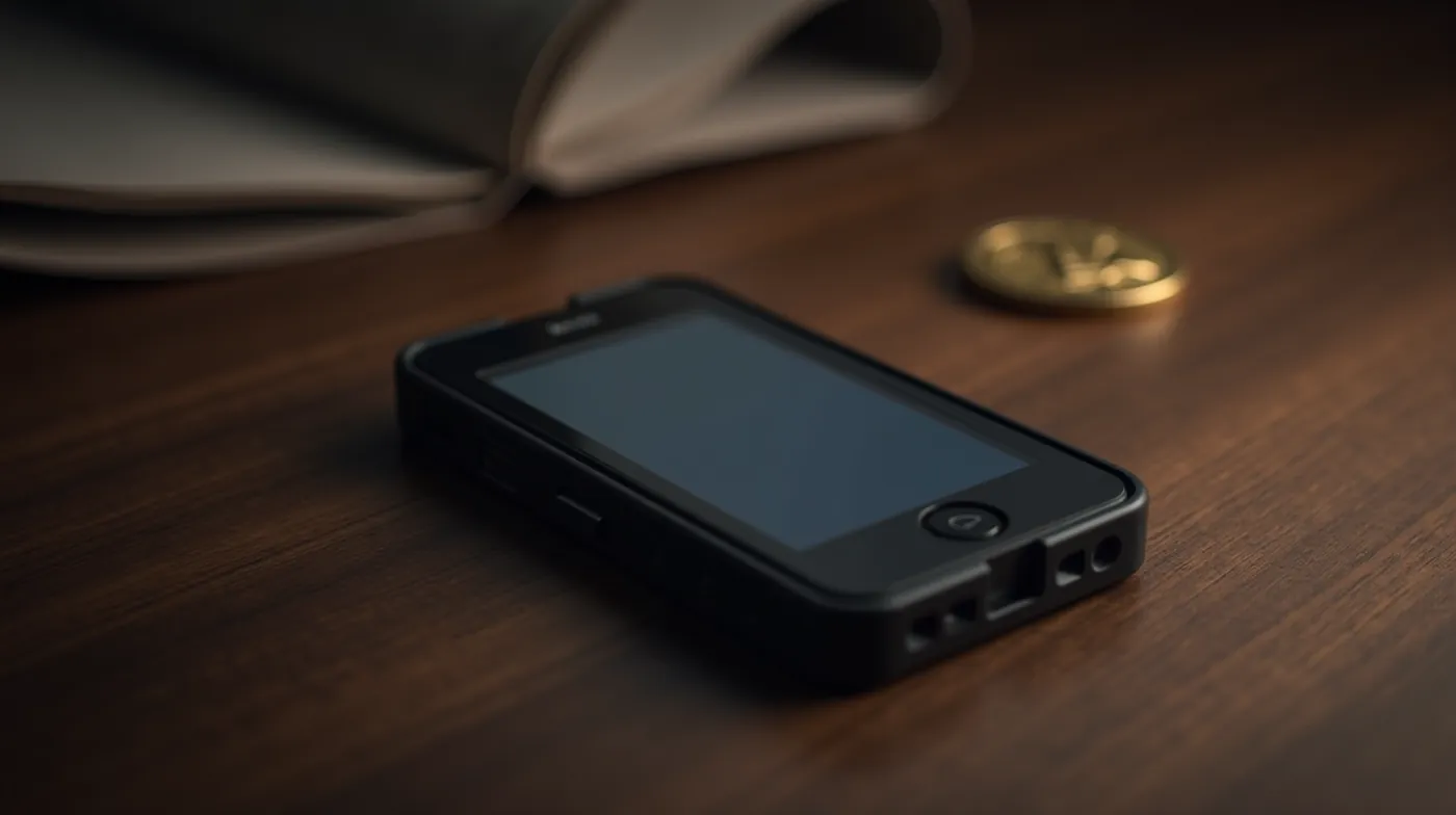 A professional editorial photograph of a sleek matte black hardware cryptocurrency wallet device with a small blank glow