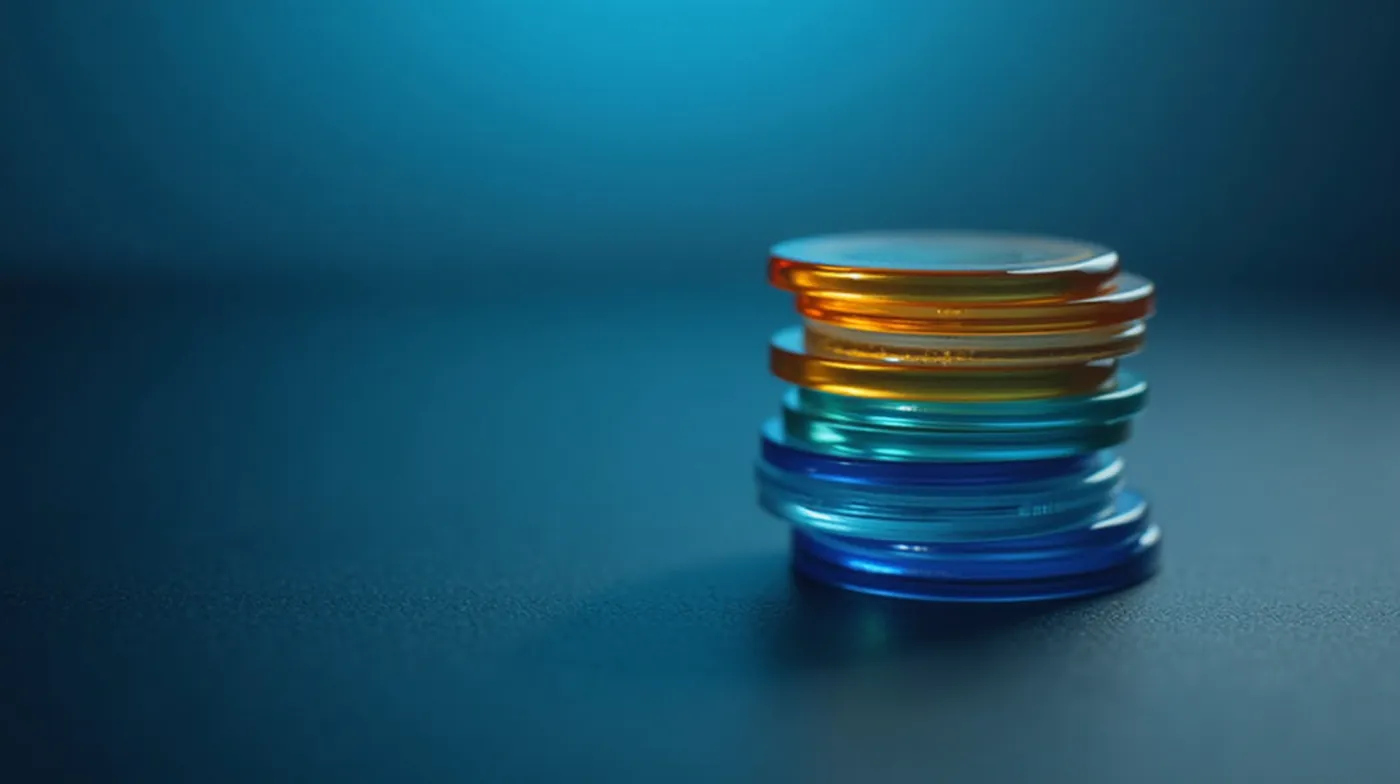 Professional editorial product photograph: a stack of thin translucent amber and blue glass discs forming a circular coi
