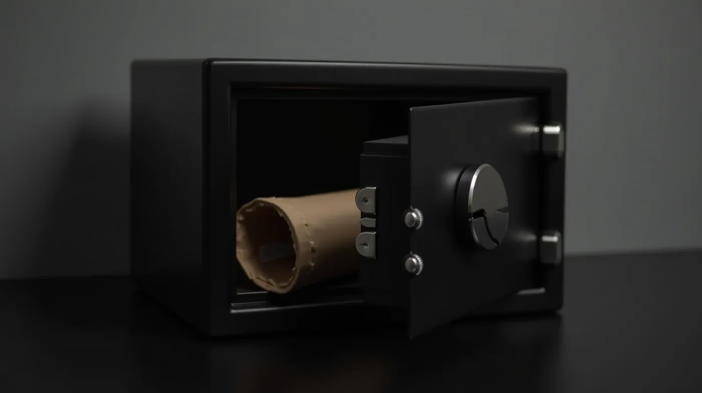 A professional editorial product photograph of a compact black home fireproof safe with its heavy door slightly ajar, a 