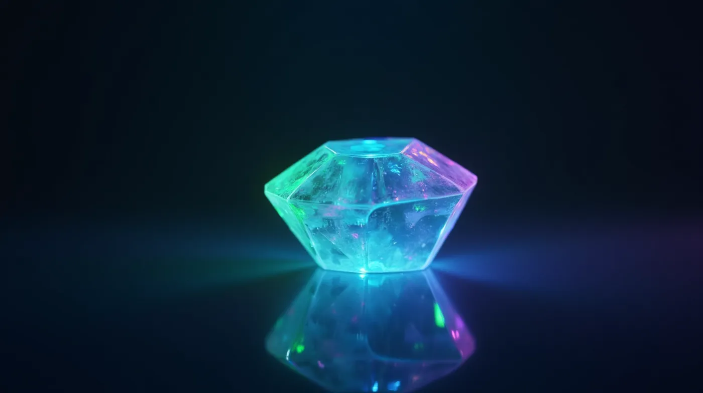 How to Buy Solana in 2026: Step-by-Step Guide (Fees, Wallets, Storage) 1 close-up macro photograph of a glowing faceted crystal emitting green and purple gradient light over a dark reflective s