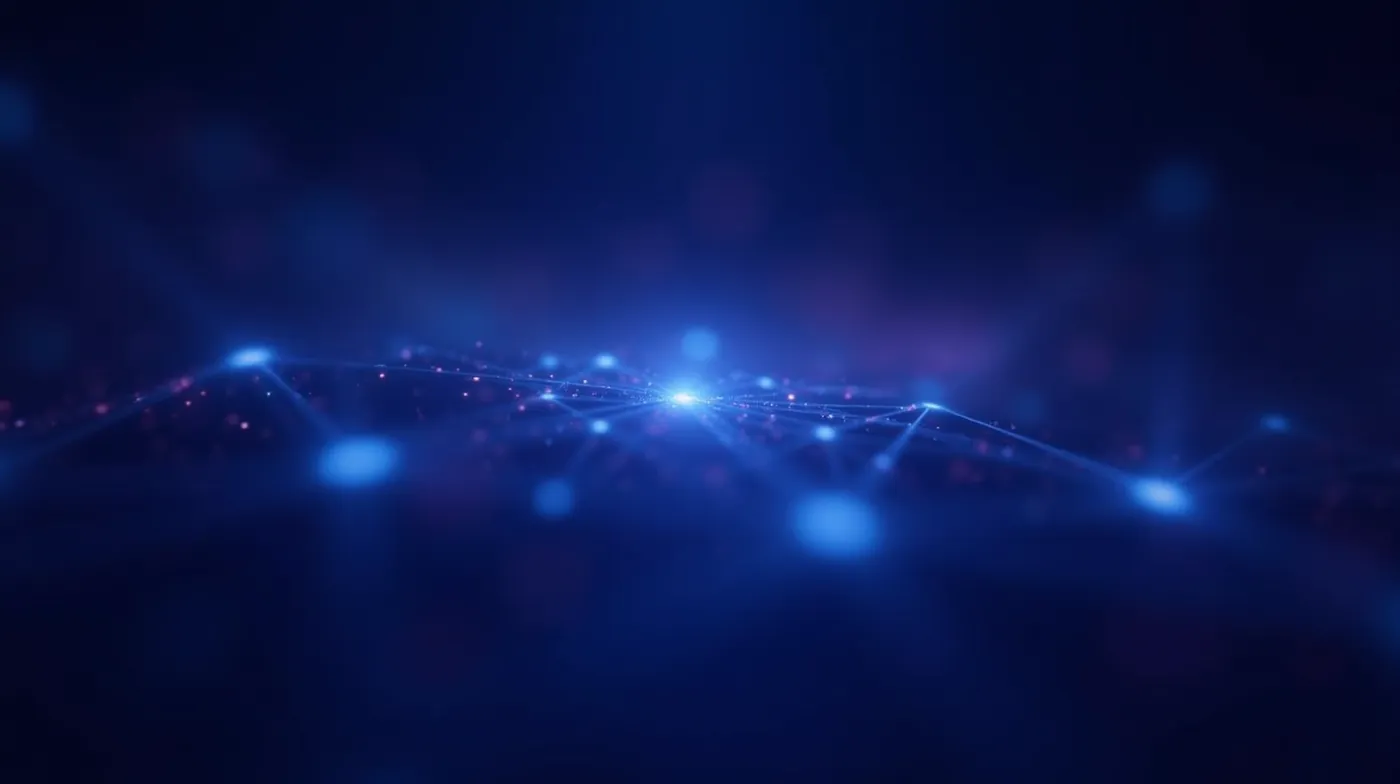 abstract editorial photograph of a glowing translucent blockchain network of interconnected luminous nodes and edges flo